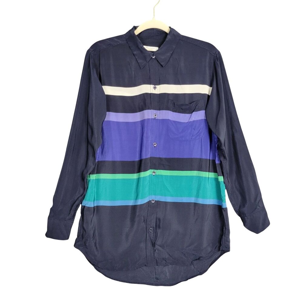 EQUIPMENT FEMME Black Blue Green Striped Silk Long Sleeve Button Top SIZE SMALL